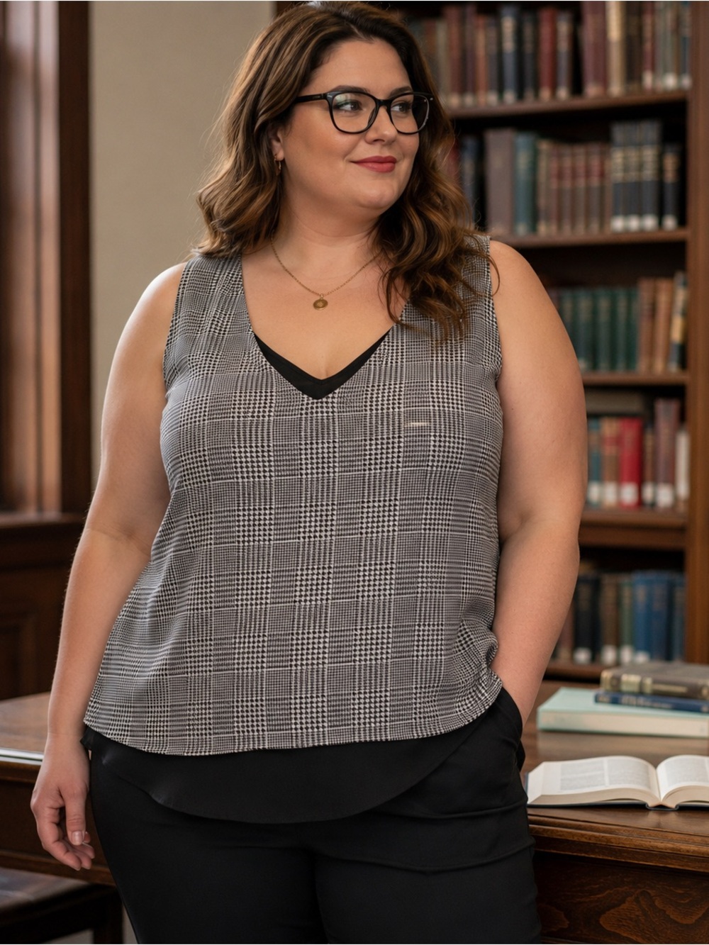Torrid Size 1X Black White Plaid Layered Hem Sleeveless Blouse V Neck Academia